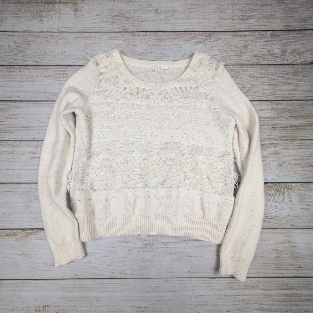 MOTH Cream Textured Boho Fringe Sweater‎ Women's M Long Sleeve Pullover